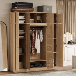 Armadio a 8 Ante di Grande Capacità, Alto 180 cm, con Ripiani Regolabili, Ante Decorative in Rattan, Asta Appendiabiti Inclusa - Product Image 4