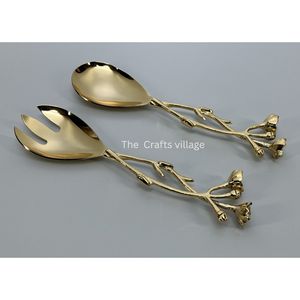 Elegant Metal Salad Serving <b>Spoon</b> and Fork Set Gold Finish Floral Branch Handle Kitchen Dining <b>Table</b> Accessories - Product Image 2