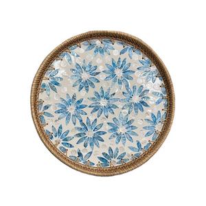 Best Selling Mother Of Pearl With <b>Rattan</b> Serving Tray Round Blue Flower Design Natural <b>Frame</b> For Home Decor Hotel Sustainable - Product Image 1