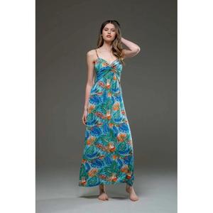 เดรสยาวพิมพ์ลายทรอปิคอลสีน้ำเงินสำหรับผู้หญิง คอวี แขนบาน เอวธรรมชาติ ผ้าฝ้าย 100% เป็นมิตรกับสิ่งแวดล้อม เหมาะสำหรับใส่ไปทะเลช่วงฤดูร้อน ดีไซน์เก๋ไก๋ - Product Image 1