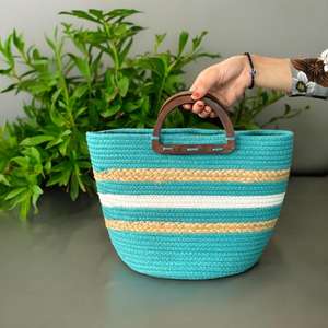 Panier de rangement rond en coton et jute bleu fait main, tricoté à la main, écologique, léger, élégant, avec poignée courte, pour la maison et le bureau - Product Image 1