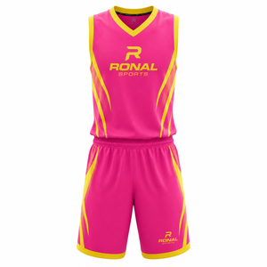 Uniforme de Baloncesto Rosa y Amarillo RONAL SPORTS, Sublimado, Transpirable, Conjunto de Camiseta sin Mangas y Pantalones Cortos, Personalizado para Adultos Unisex 2026 - Product Image 1