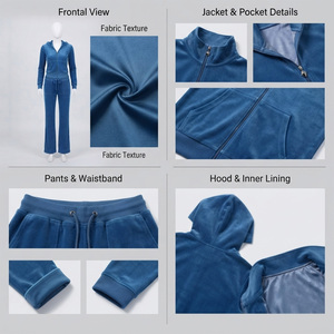 Ensemble de survêtement pour femme en velours bleu uni avec broderies, coupe ajustée, longueur intégrale, décontracté, hiver, 100% coton - Product Image 4