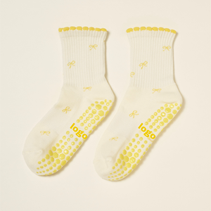 <b>Custom</b> Logo Pilates <b>Grip</b> <b>Socks</b> Crew Non Slip Yoga Barre Workout <b>Socks</b> Knitted Bow Pattern Breathable Cotton Blend - Product Image 1