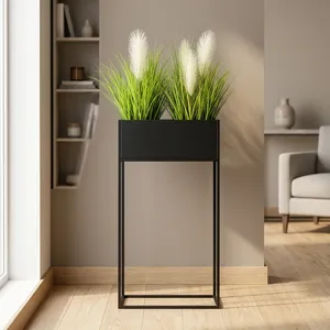 Black Metal Rectangular Planter with <b>Tall</b> Stand Modern Minimalist Flower Box Holder for Indoor Outdoor Garden Living Room - Product Image 3