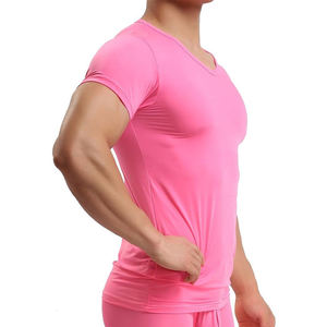 INDEX APPAREL Men's Pink <b>V</b>-<b>Neck</b> Short Sleeve Slim Fit Quick Dry Knitted Polyester <b>T</b>-<b>Shirt</b> Casual Solid Color Regular Length - Product Image 3