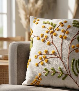 Artisan Crafted Textured Floral <b>Cushion</b> <b>Cover</b> with Intricate Green Leaf and Yellow Bloom Motif - Product Image 2