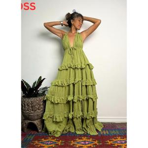 Halter Backless Natural Waist Casual Eco-Friendly <b>Summer</b> Beach Wedding <b>Boho</b> White Cotton Maxi <b>Dress</b> - Product Image 3