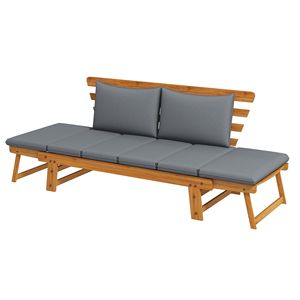 Panca a due posti regolabile in legno dal design minimalista con cuscini grigi per esterni, portico e patio - Product Image 1