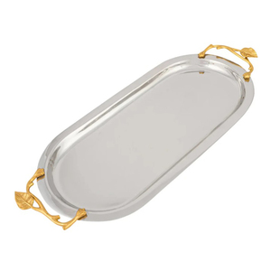 Plateau ovale long en acier inoxydable poli, fait main, avec poignées dorées, plateau de service en acier inoxydable martelé, en promotion - Product Image 4