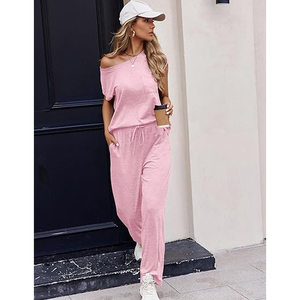 Women Relaxed Lounge Wear Set Loose Fit T Shirt <b>Elastic</b> Waist Pants Summer Outfit Wholesale - Product Image 3