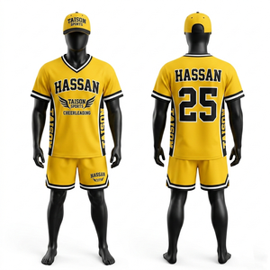 Ensemble de maillots de cheerleading pour hommes, polyester interlock respirant de qualité supérieure, jaune et noir, col en V avec empiècements latéraux, logo personnalisé par sublimation - Product Image 1