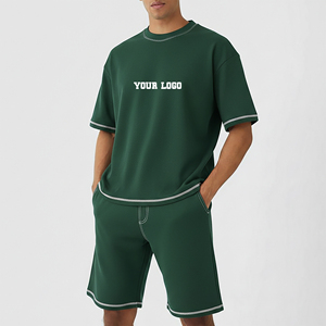 Nouvel ensemble 2 pièces streetwear d'été pour homme en coton 100% uni, avec épaules tombantes, manches courtes, surpiqûres contrastées, écologique et respirant - Product Image 1