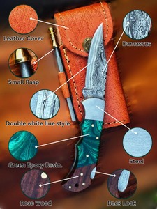 มีดพับทำมือจากเหล็กดามัสกัสลายเส้นคู่สีขาว พร้อมปลอกหนัง ด้ามไม้ - Product Image 3