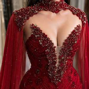 Robe de soirée sirène de luxe rouge en cristal pour femme, robe de bal de créateur à sequins, manches courtes, décolleté cœur, longueur ras du sol - Product Image 5