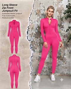 Combinaison moulante taille haute à manches longues pour femme avec fermeture éclair frontale, effet ventre plat, longueur intégrale, couleur unie, coupe ajustée - Product Image 1
