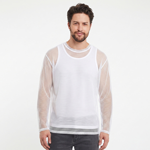 T-shirt en maille transparente à manches longues pour homme, 100 % polyester tricoté, décontracté, haut en maille transparente, tenue de plage estivale, tee-shirt transparent pour homme - Product Image 6