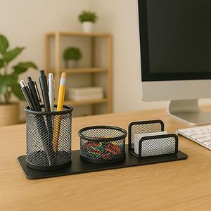 Organisateur de bureau en métal avec porte-stylos en maille et plateau de rangement pour fournitures de bureau - Product Image 1