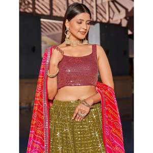 Fabuleux vert olive paillettes Georgette Lehenga Choli ensemble avec Dupatta pour tenue de soirée - Product Image 3