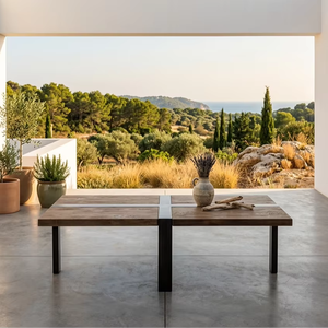 Mesa de Centro de Madera de Teca Sólida Macro con Estructura Metálica, Minimalista, Ecológica, Duradera, con Acabado Natural, para Sala de Estar - Product Image 1