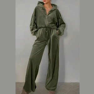 Custom Oversized Women Velour Zip Up Hoodie Wide Leg Pants Heavyweight <b>Velvet</b> <b>Tracksuit</b> Solid Color Baggy Streetwear <b>Tracksuit</b> - Product Image 1