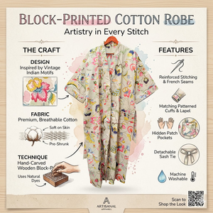 Bata Kimono de Algodón con Estampado Floral Bohemio, Bata de Baño Larga con Estampado a Bloques, Bata Ligera para Descansar, Bata de Algodón con Cintura Ajustable para Resort - Product Image 6