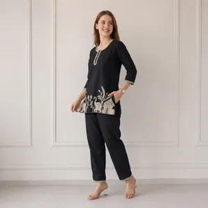 Conjunto de Kurta y Pantalón Bordados Negros para Mujer, Ropa Étnica Estampada, Estilo Casual y Festivo - Product Image 5