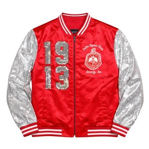 Giacca in Raso Rosso con Paillettes Delta Sigma Theta per Donne, Vestibilità Comoda, Tessuto Premium, Abbigliamento Casual per Confraternite Greche - Product Image 4