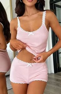 Pijamas de Mujer de 2 Piezas, Conjunto de Pijama de Punto Acanalado de Manga Corta, Ropa de Dormir Suave de Verano, Conjunto Casual para Estar en Casa - Product Image 3