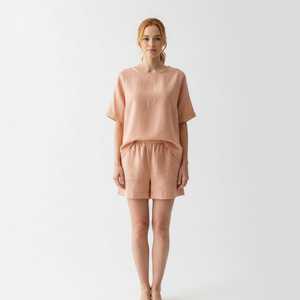 Women's <b>Linen</b> Pajama Set Short Sleeve <b>Top</b> & Shorts Two Piece Loungewear Breathable Summer Casual Homewear - Product Image 1