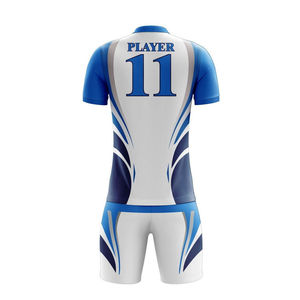 Ensemble d'uniformes de football personnalisés pour hommes, maillot à col en V à manches courtes, short blanc et bleu, impression sublimée, tissu respirant, coupe athlétique - Product Image 2