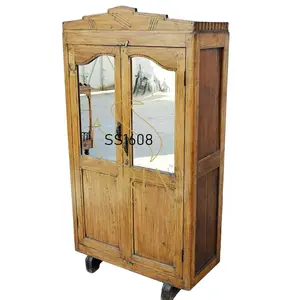 Ấn độ xuất khẩu của chất lượng cao handmade Antique thiết kế cũ Gỗ Tếch gương được trang bị tủ quần áo phòng khách Tủ almirah