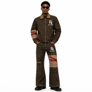 Custom Logo Luxury Designer Men Leopard Print Tracksuit Set | Premium Brand Embroidery <b>Zip</b>-<b>Up</b> <b>Jacket</b> & Flared Jeans - Product Image 3