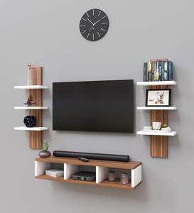 Meuble TV mural en bois pour décodeur et étagères à livres – Couleurs : Marron, Blanc - Product Image 3