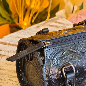 Black Color 100% Genuine Leather Women's Mini Speedy Duffle Bag With Single Stone Studded On Middle & Hand Tooled Florals Carved - Product Image 2