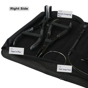 Kit complet d'outils pour extensions de cheveux noirs avec pinces de 7 pouces, pince à bandes adhésives, ensemble de crochets à micro-anneaux pour sertissage, et doigtier de séparation - Product Image 3