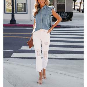 Femmes décontracté en détresse boutonné manches à volants chemisier été sans manches Denim haut avec col Jean chemise Design - Product Image 6