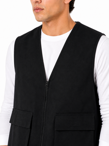 Gilet sans manches noir pour homme, décontracté, avec fermeture éclair sur le devant, multi-poches, col en V, veste légère et fonctionnelle - Product Image 4