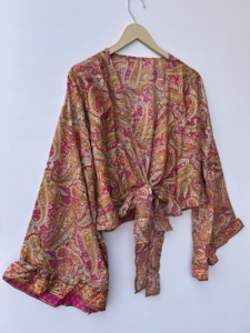 Lot de hauts en soie pour femmes, style rétro, à manches cloche, à nouer, avec 3 façons de porter, style hippie bohème, à nouer devant - Product Image 5