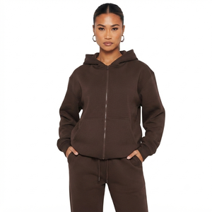 Women Solid Color Hooded Tracksuit Full Sleeve Loose Fit Cotton Sweatshirt With Side Pockets Autumn Casual Wear - Product Image 2