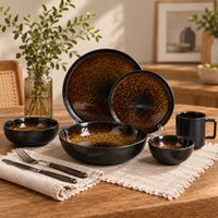 Ensemble de vaisselle en céramique à glaçure réactive, noir et marron, en grès, assiettes, bols, tasses, OEM ODM