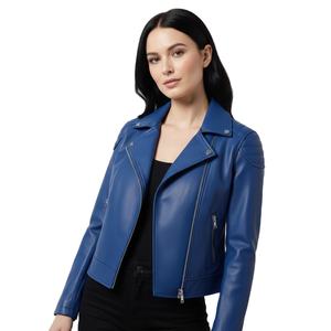 Blouson de moto en cuir bleu ciel pour femme, personnalisable, vente en gros, prix d'usine, style motard authentique, manteau pour femme, service OEM ODM - Product Image 1