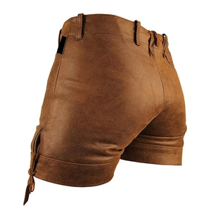 Shorts en cuir marron pour homme, taille haute, avec fermeture éclair et poches latérales, style décontracté, longueur courte - Product Image 3