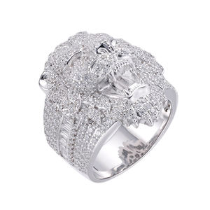 Anillo de cóctel de lujo unisex de oro macizo de 18K con cabeza de león, engaste de púas, corte brillante, patrón geométrico de animal, para boda, compromiso, estilo hip. - Product Image 3