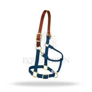 Nylon Horse <b>Halter</b> with Leather Crown Brass Hardware Adjustable Headcollar with Snap Hook - Product Image 3