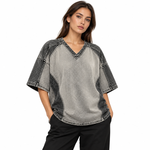 Custom Wholesale Vintage Washed Grey <b>V</b> <b>Neck</b> <b>T</b> <b>Shirt</b> Color Block Oversized Short Sleeve Streetwear Tee for <b>Men</b> - Product Image 4