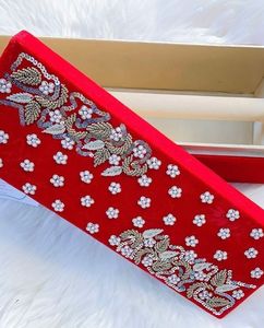 <b>Red</b> <b>Velvet</b> Rectangular Box with Gold Floral Embroidery Handmade Wedding Decoration Gift Case - Product Image 2