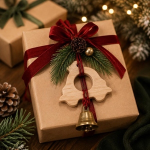 Handmade Wooden <b>Christmas</b> Ornaments Featuring Festive Bells Pine <b>Cones</b> And Red Bows Perfect For Holiday <b>Tree</b> And Home Decoration - Product Image 4