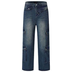 Jean cargo en denim de qualité supérieure, coupe droite, délavé vintage, multi-poches, style streetwear décontracté, coupe ample - Product Image 4