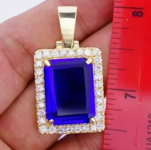 4.00 Ct Emerald Cut Simulated Blue Sapphire Halo Pendant 14K Yellow Gold Plated - Product Image 2